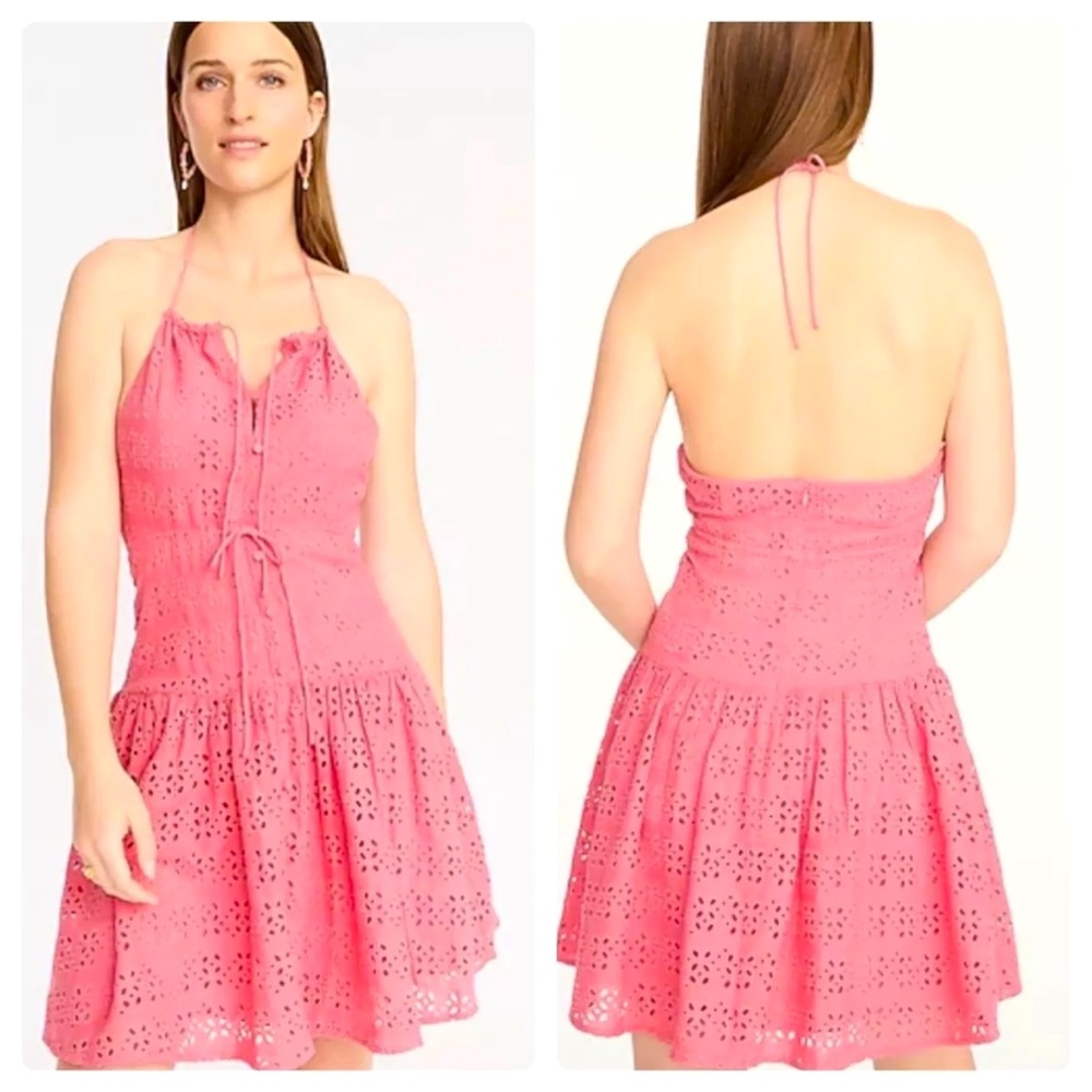 J. Crew Anguilla Mini-Halter Eyelet Linen Blend Dress in Pink - Size 18
